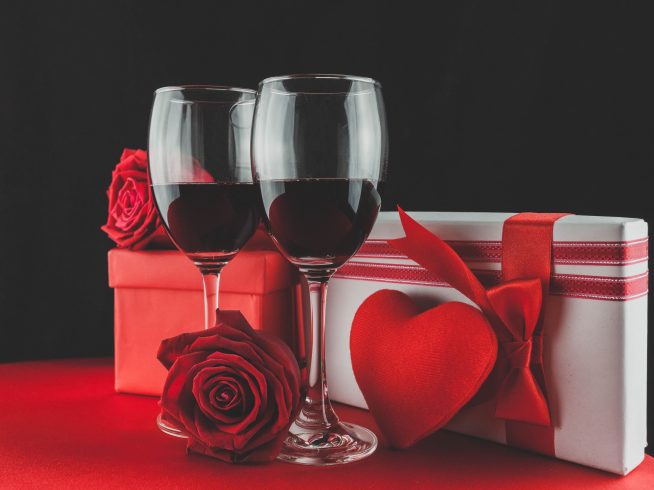 wine and gifts on Valentine's day